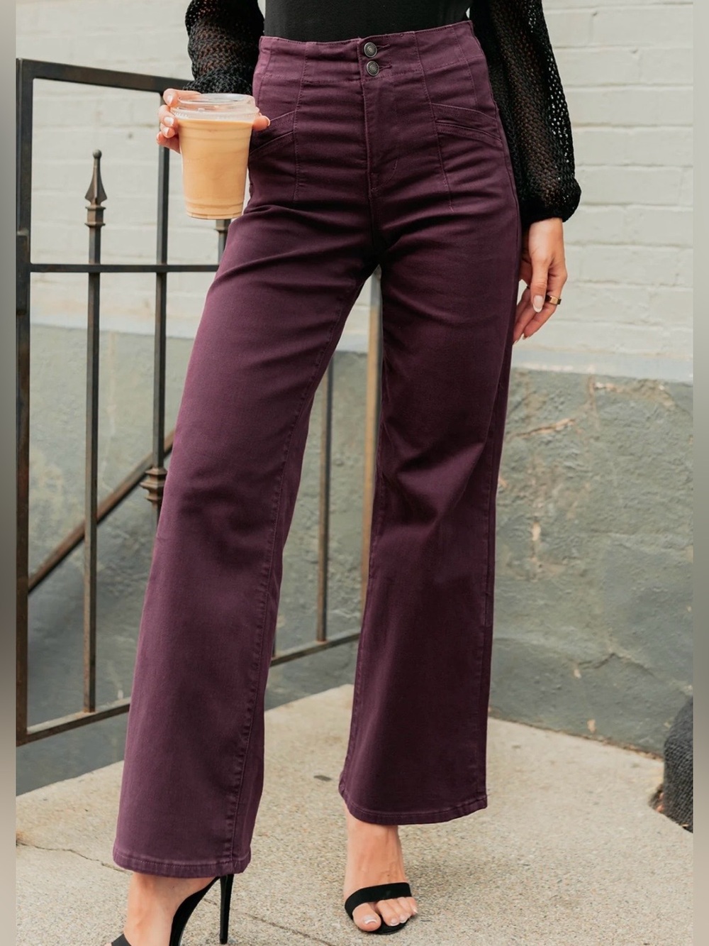 MICA Los Angeles Denim High Rise Patch Pocket Wide Leg Jeans in Plum Sz 26